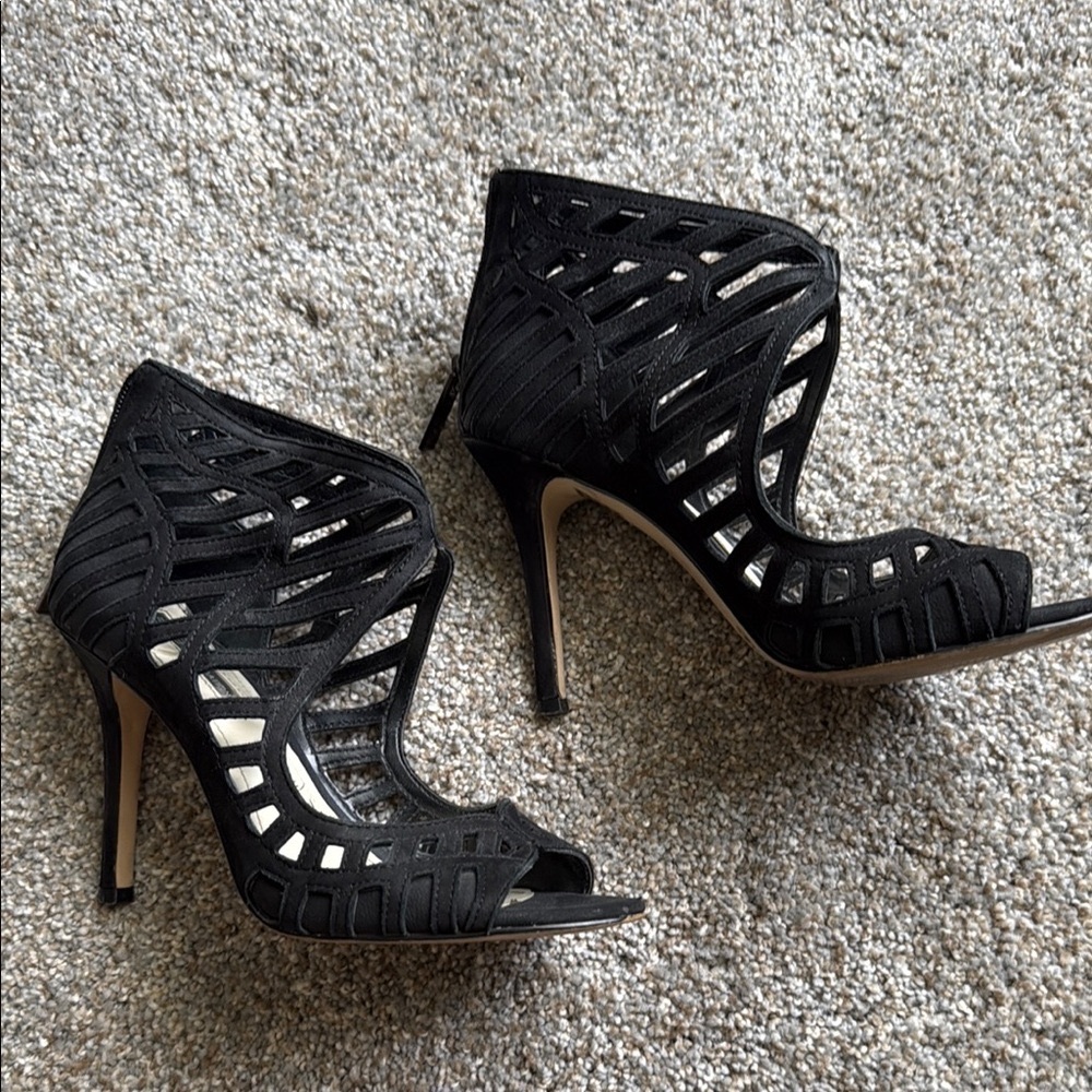 BCBG Black Strappy Heels with Vintage-Inspired Design